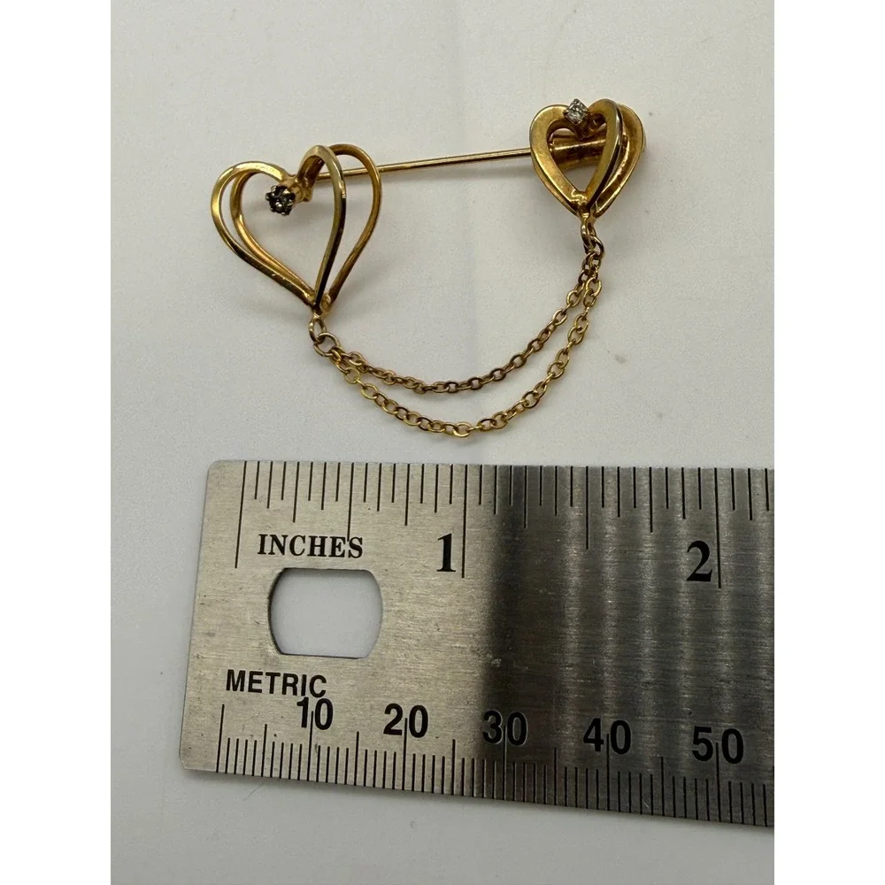 Vintage Gold Tone Double Heart Brooch Rhinestone Accents and Double Chain Gift